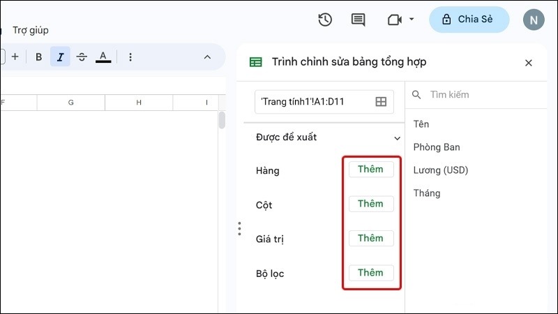 Thêm dữ liệu vào Hàng và Giá trị trong Pivot table editor Thêm dữ liệu vào Hàng và Giá trị trong Pivot table editor
