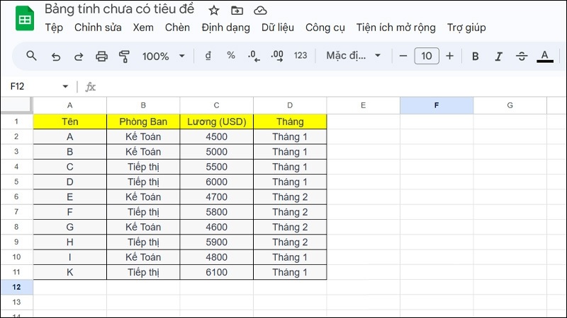 Bôi đen chọn vùng dữ liệu trong Google Sheet Bôi đen chọn vùng dữ liệu trong Google Sheet