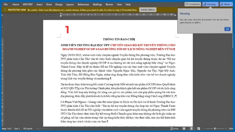 Bấm Enable Editing để tắt Read Only trong Word bước 1 Bấm Enable Editing để tắt Read Only trong Word bước 1