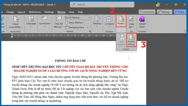 Nút Stop Protection trong Restrict Editing của Word bước 2 Nút Stop Protection trong Restrict Editing của Word bước 2