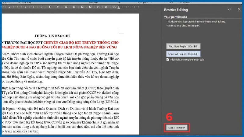 Nút Stop Protection trong Restrict Editing của Word bước 4 Nút Stop Protection trong Restrict Editing của Word bước 4