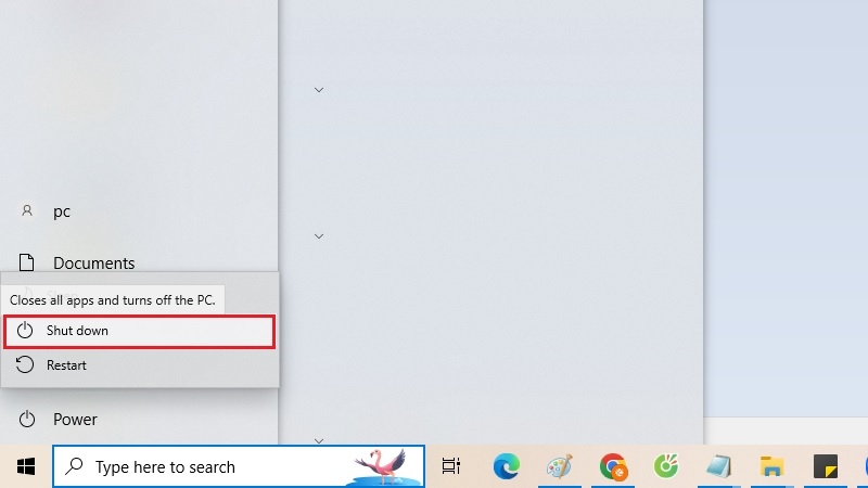 Menu Power hiện ba lựa chọn Sleep, Shut down, Restart khi tắt laptop Dell