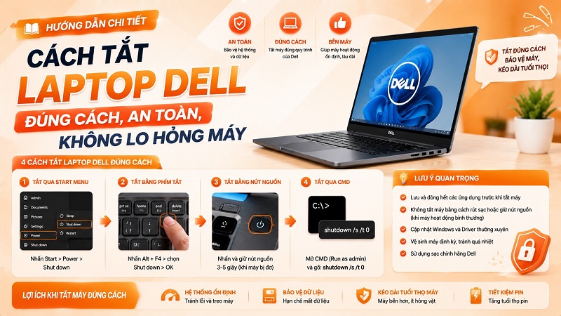Cách tắt laptop Dell đúng cách, an toàn, không lo hỏng máy