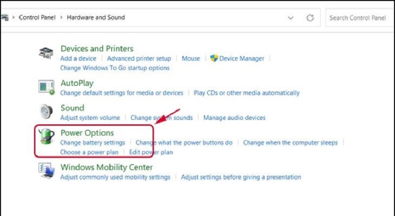 Chọn Power Options
