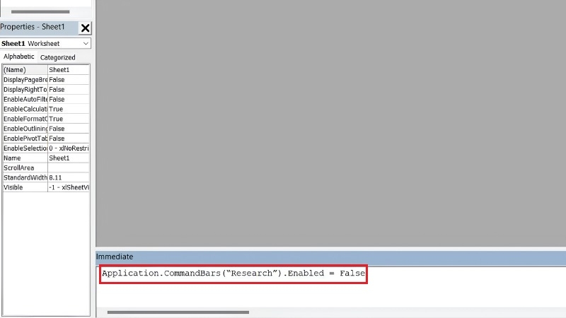 Nhập lệnh Application.CommandBars("Research").Enabled = False Nhập lệnh Application.CommandBars("Research").Enabled = False