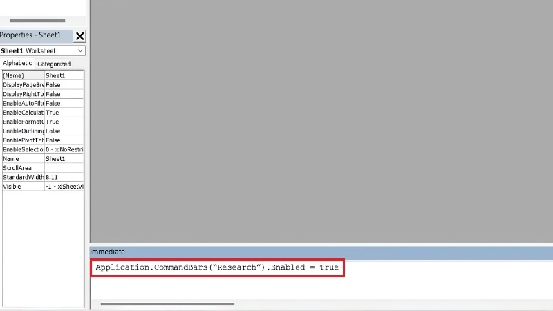 Nhập lệnh Application.CommandBars("Research").Enabled = True Nhập lệnh Application.CommandBars("Research").Enabled = True