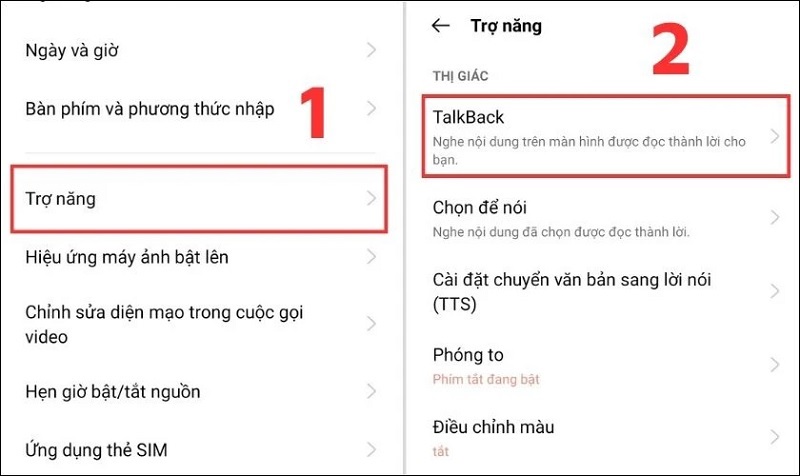 Chọn mục Talkback