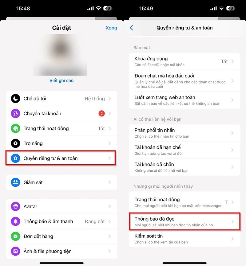 Nhấn vào tùy chọn Thông báo đã đọc