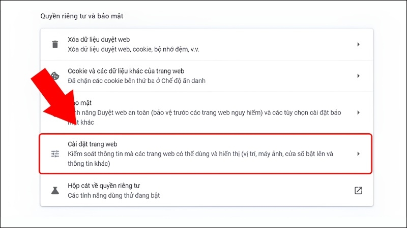 Chọn vào mục Cài đặt trang web Chọn vào mục Cài đặt trang web