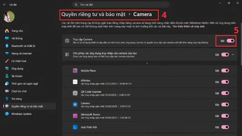Bật quyền truy cập camera trong Settings Bật quyền truy cập camera trong Settings