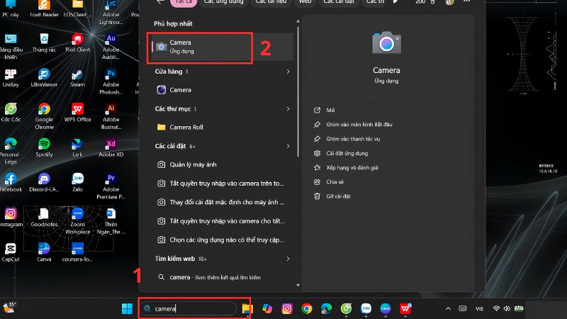 Gõ từ khóa Camera vào ô tìm kiếm Windows Gõ từ khóa Camera vào ô tìm kiếm Windows