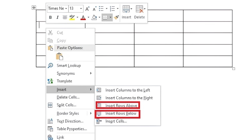 Hai lựa chọn Insert Rows Above và Insert Rows Below