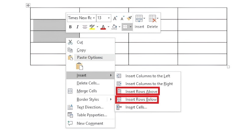 Có hai lựa chọn Insert Rows Above và Insert Rows Below