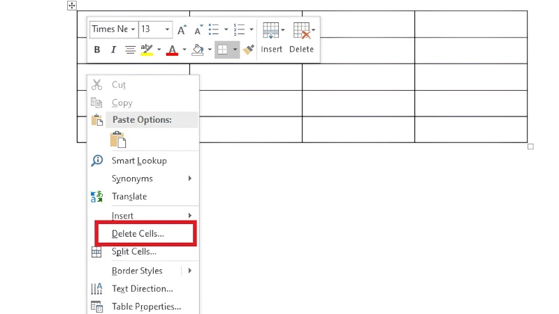 Chọn vào Delete Cells trong danh sách hiện ra