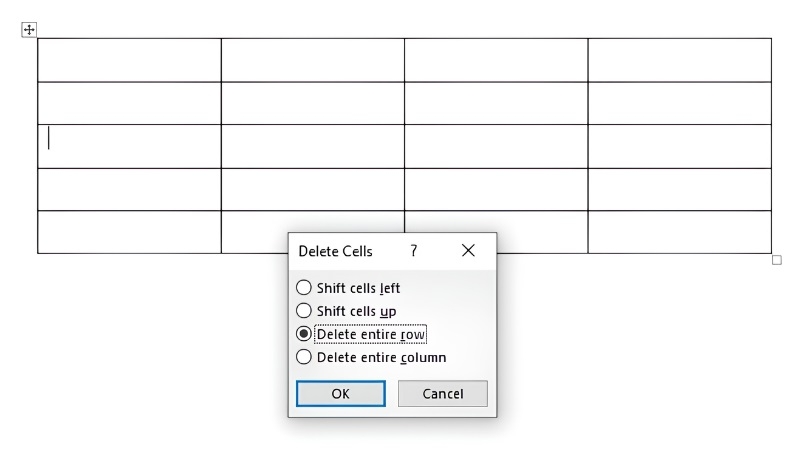 Hộp thoại Delete Cells với lựa chọn Delete Entire Row