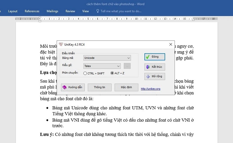 Chọn bảng mã phù hợp với kiểu font chữ