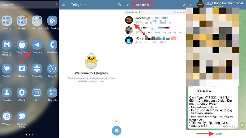 Tìm nhóm Telegram thông qua thanh tìm kiếm