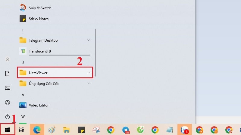 Tìm UltraViewer trong danh sách All apps của Start Menu