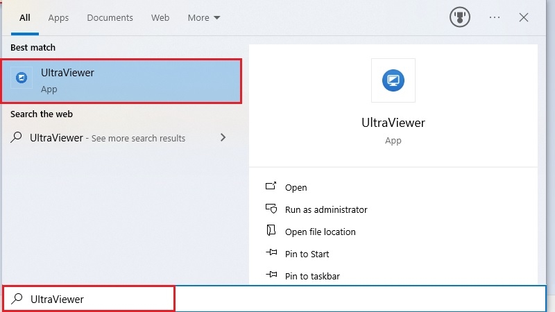 Gõ UltraViewer vào ô tìm kiếm Windows để mở nhanh phần mềm
