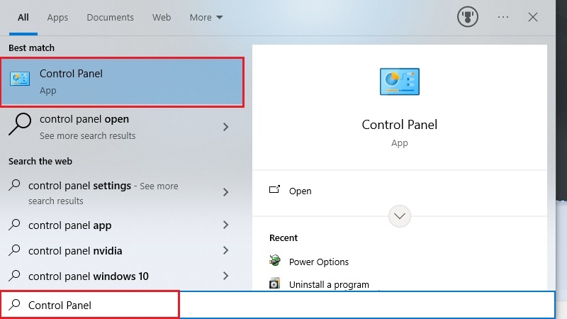 Gõ tìm kiếm Control Panel rồi nhấn Enter