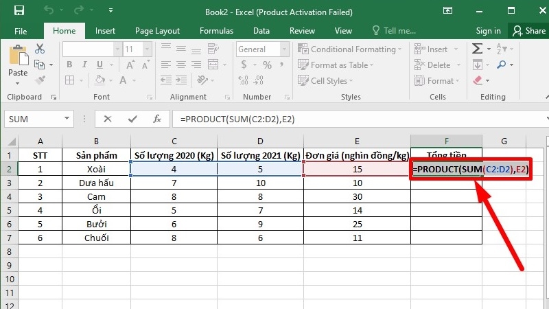 Kết hợp PRODUCT với hàm SUM theo cú pháp =PRODUCT(SUM(A1:A2),B1)