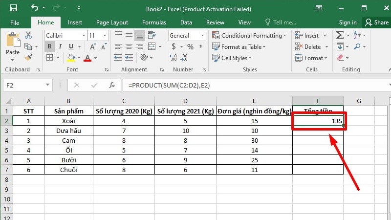 Kết hợp PRODUCT với hàm SUM theo cú pháp =PRODUCT(SUM(A1:A2),B1)