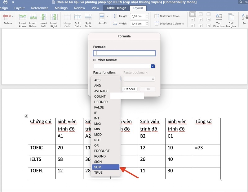 Nhập vị trí của các ô trong bảng Word