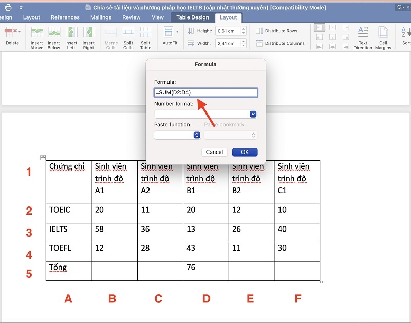 Nhập công thức vào