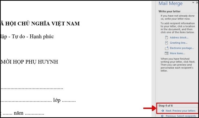 Chọn mục Next: Preview your letters