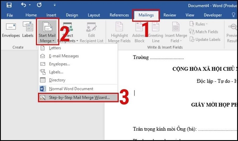 Chọn mục Step by Step Mail Merge Wizard