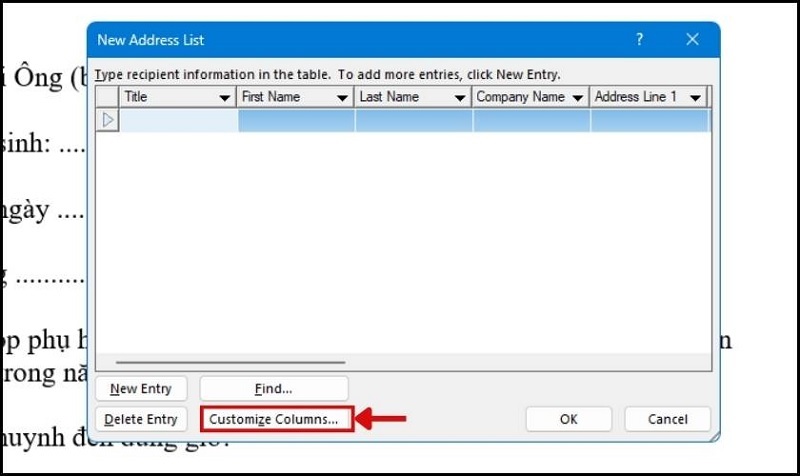 Chọn Customize Columns