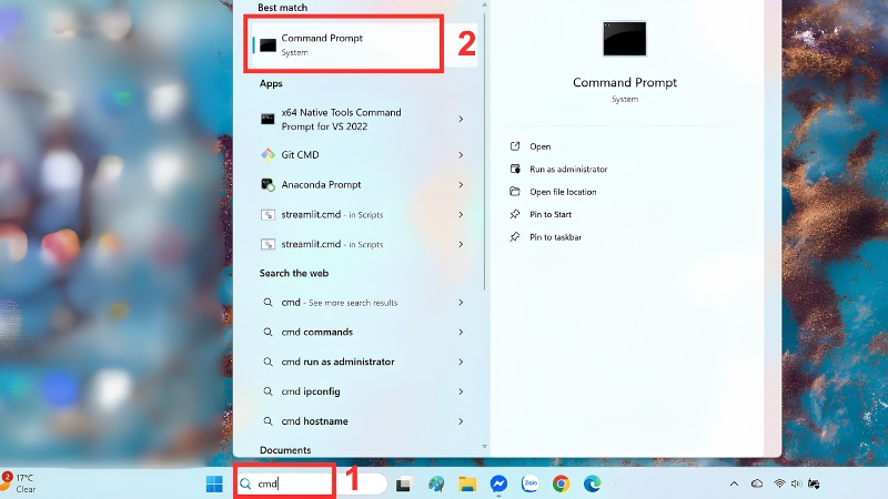 Mở Command Prompt từ thanh tìm kiếm Windows