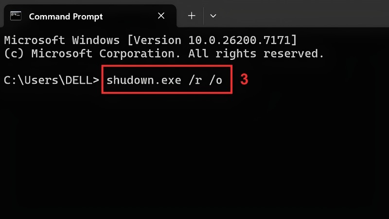 Nhập lệnh shutdown.exe /r /o trong Command Prompt