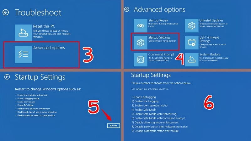 Chọn Troubleshoot → Advanced options → Startup Settings → Restart bước 2 Chọn Troubleshoot → Advanced options → Startup Settings → Restart bước 2