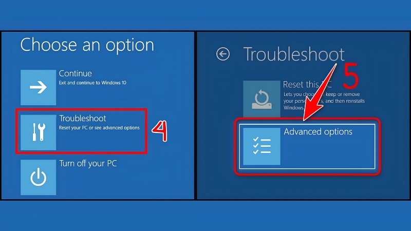 Màn hình xanh Windows với các lựa chọn Troubleshoot, Advanced options Màn hình xanh Windows với các lựa chọn Troubleshoot, Advanced options