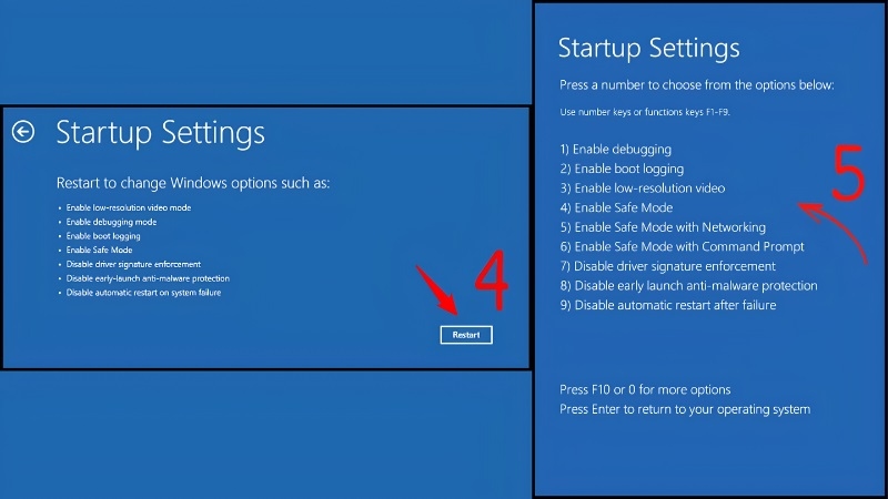 Bạn chọn Troubleshoot, rồi Advanced options, rồi Startup Settings, và bấm Restart bước 3 Bạn chọn Troubleshoot, rồi Advanced options, rồi Startup Settings, và bấm Restart bước 3