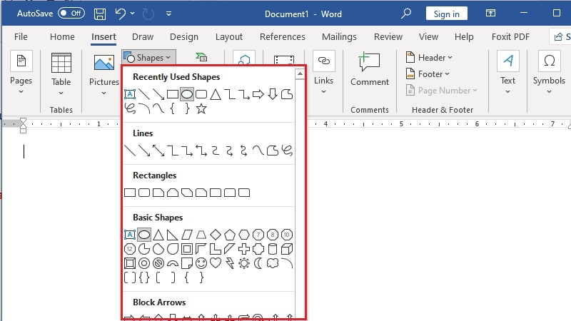Chọn hình chữ nhật, bầu dục, tam giác trong bảng Shapes của Word
