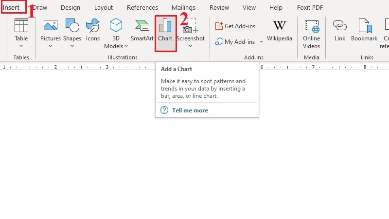 Vào tab Insert, nhấn vào nút Chart