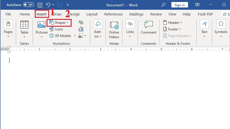 Nút Shapes trong tab Insert của Word để vẽ hình