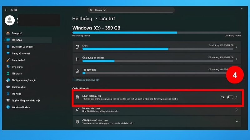 Bật Storage Sense trong Settings để tự động dọn ảnh chụp màn hình bước 3