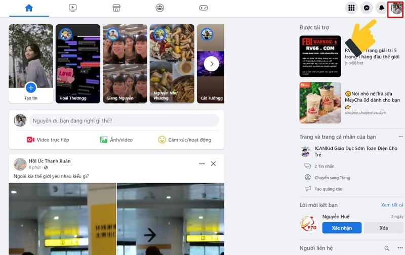 Chọn vào biểu tượng Avatar cá nhân