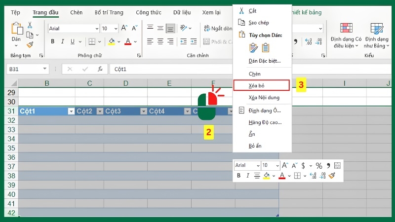 Nhấp chuột phải và chọn Xóa bỏ để xóa hoàn toàn bảng trong Excel Nhấp chuột phải và chọn Xóa bỏ để xóa hoàn toàn bảng trong Excel