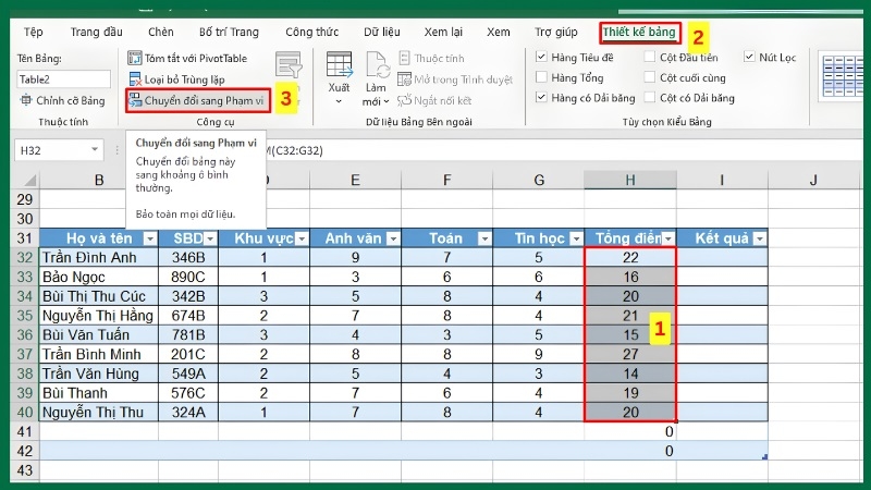 Tìm nút Convert to Range trong tab Table Design Tìm nút Convert to Range trong tab Table Design