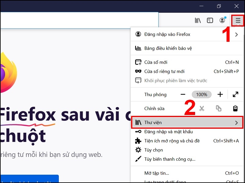 Menu Cài đặt Firefox
