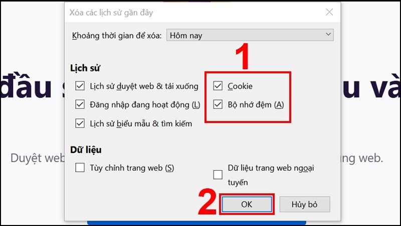 Hộp thoại xóa Cache Firefox
