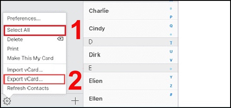 Lần lượt vào Settings >> Export vCard