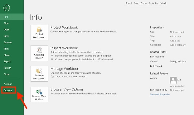 Chọn vào mục Options