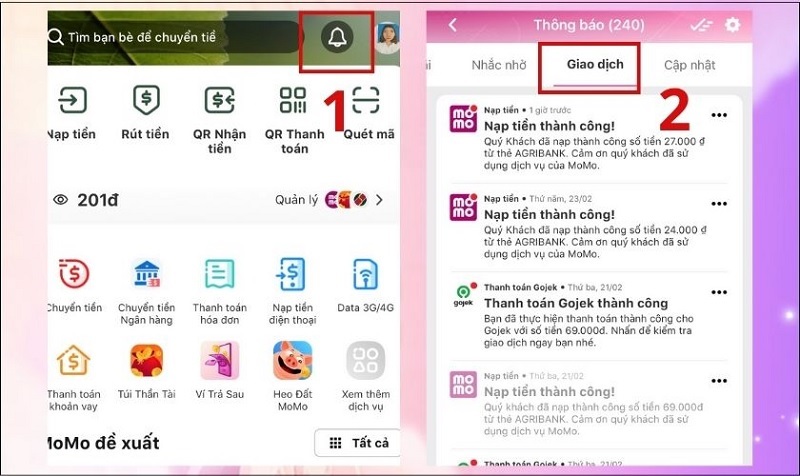 Chọn vào biểu tượng Thông báo