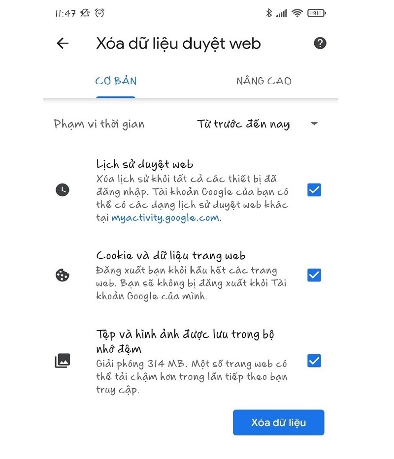 Nhấn vào nút Xóa dữ liệu