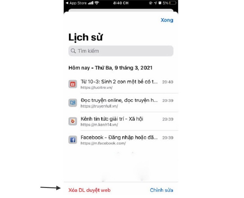 Chọn vào mục Xóa DL duyệt web